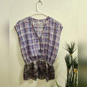 CAbi Eva Purple Multi Print Floral And Plaid Sleeveless Peplum Blouse